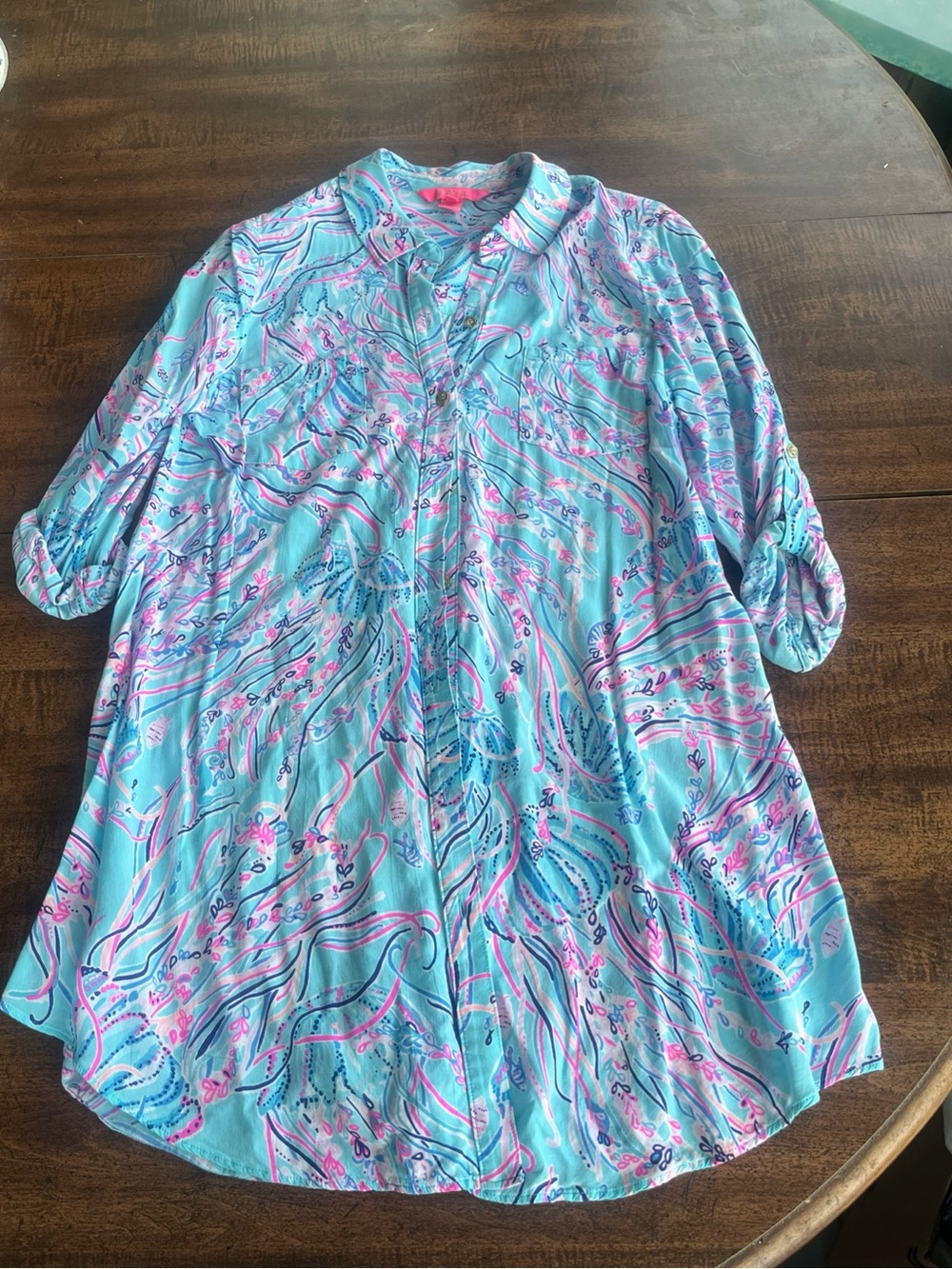 Lilly Pulitzer Natalie Shirt Dress Cover Up Aqua Pink Rayon Beach Resort Small